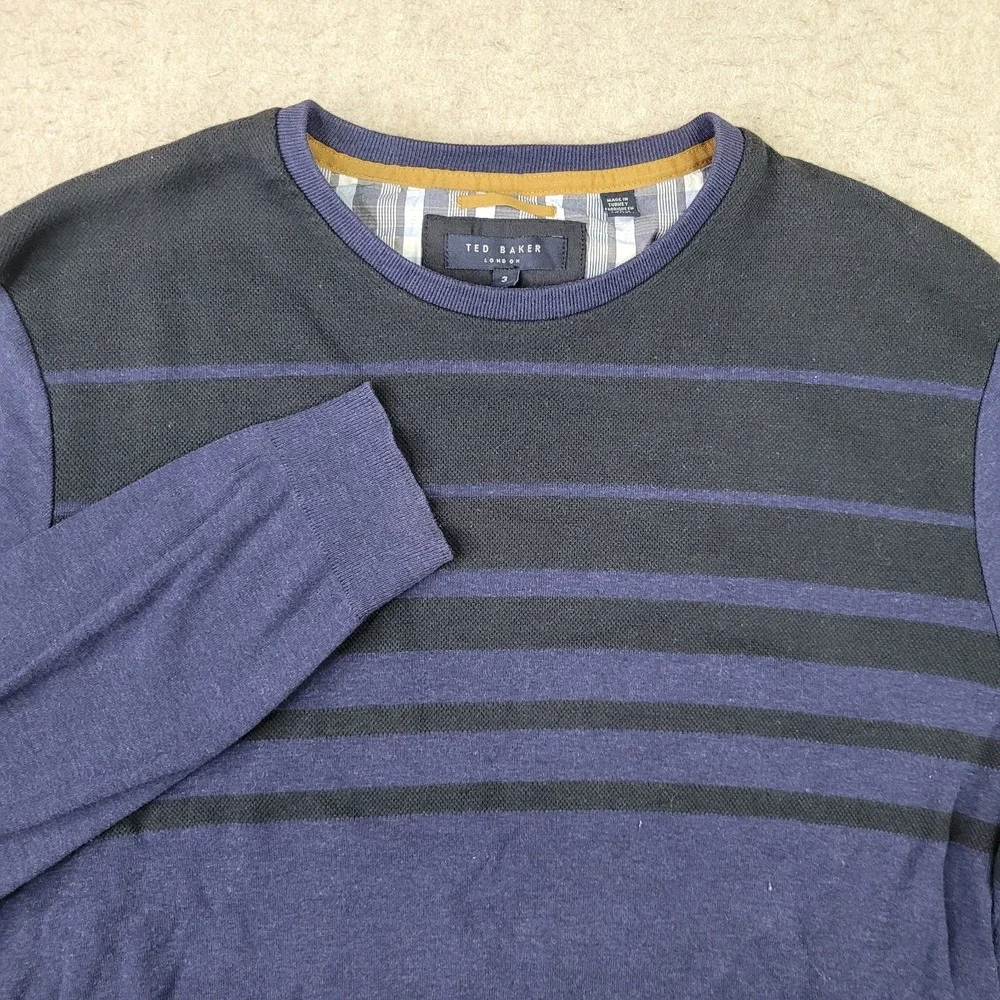 Ted Baker Sweater Mens 3 Blue Striped Pullover Crew Neck Preppy